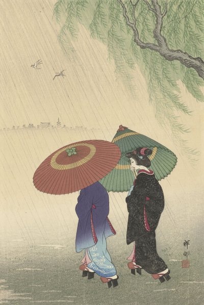 बारिश में दो महिलाएं, 1925-36 (रंगीन लकड़बग्घा) द्वारा Ohara Koson