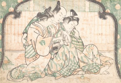 दो महिलाओं के बीच बैठा एक युवक, सीए। 1749., सीए। 1749. द्वारा ओकुमुरा मसानोबु