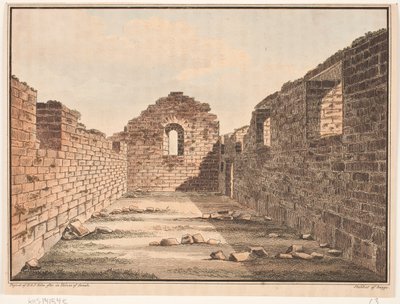 ग्रीनलैंड में चर्च के खंडहर। WA Graah के लिए चित्रण। ग्रीनलैंड के पूर्वी तट पर शोध यात्रा द्वारा डब्ल्यूए ग्राहम