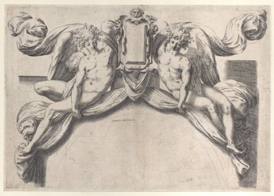 कार्टूचे या ढाल का समर्थन करने वाले दो स्वर्गदूत, 1568-77।, 1568-77। द्वारा ओराज़ियो डे सैंक्टिस