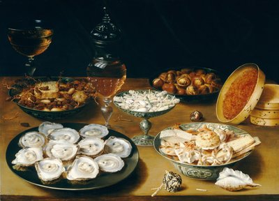 सीप, फल और शराब के साथ व्यंजन, c.1620-25 (पैनल पर तेल) द्वारा ओसियस द एल्डर बर्ट