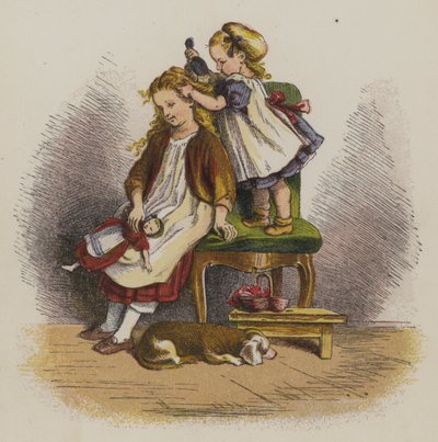 अपनी बहन के बालों को ब्रश करती छोटी लड़की (कलर लिथो) द्वारा Oskar Pletsch