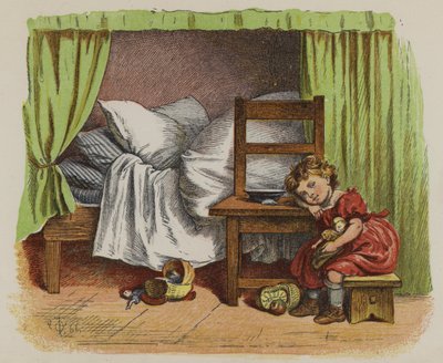 अपने बिस्तर के पास बैठी छोटी लड़की (कलर लिथो) द्वारा Oskar Pletsch