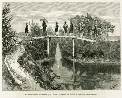 बदले में एक मिशनरी। एडौर्ड चार्टन (1807-1890), हैचेट, पेरिस के निर्देशन में, ले टूर डू मोंडे 1890 में, डॉक्टर पॉल होक्क्वार्ड द्वारा 1884 में ट्रेंटे मोइस औ टोनकिन की कहानी को चित्रित करने के लिए टोफनी द्वारा उत्कीर्णन। द्वारा ओसवाल्डो टोफानी