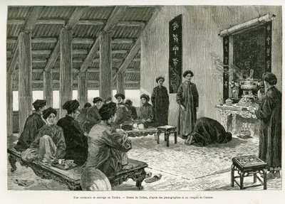 टोंकिन में एक शादी समारोह। टोफनी द्वारा उत्कीर्णन, 1884 में ट्रेंटे मोइस औ टोनकिन की कहानी को चित्रित करने के लिए, डॉ पॉल होक्क्वार्ड द्वारा, ले टूर डू मोंडे 1890 में, एडौर्ड चार्टन (1807-1890), हैचेट, पेरिस के निर्देशन में। द्वारा ओसवाल्डो टोफानी