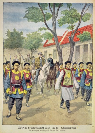1899-1901 के बॉक्सर विद्रोह के दौरान चीनी नियमित सैनिकों द्वारा सशस्त्र अनुरक्षण के तहत यूरोपीय विदेशियों, &39;ले पेटिट जर्नल&39;, 18 जुलाई, 1900 से चित्रण द्वारा ओसवाल्डो टोफानी