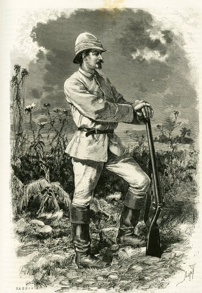 1875-1879 में डॉ एमिल होलब (1847-1902) द्वारा कहानी "औ पेज़ डेस मारुत्स" को चित्रित करने के लिए, टोफनी द्वारा उत्कीर्ण एक अन्वेषण सूट में डॉ एमिल होलब का पोर्ट्रेट। एडौर्ड चार्टन (1807-1890) द्वारा संपादित टूर डू मोंडे, द्वितीय सेमेस्टर 1883 में  द्वारा ओसवाल्डो टोफानी