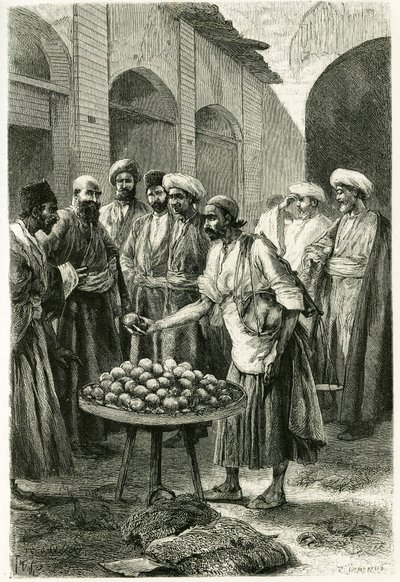 कचन में मछली पकड़ने का व्यापारी (या काशान, तेहरान प्रांत में, वर्तमान ईरान)। टोफनी द्वारा उत्कीर्णन, एक तस्वीर से, कहानी को चित्रित करने के लिए "" फारस, चाल्डी और सुसियान""1881-1882 में, जेन डियुलाफॉय (नी माग्रे) द्वारा द्वारा ओसवाल्डो टोफानी