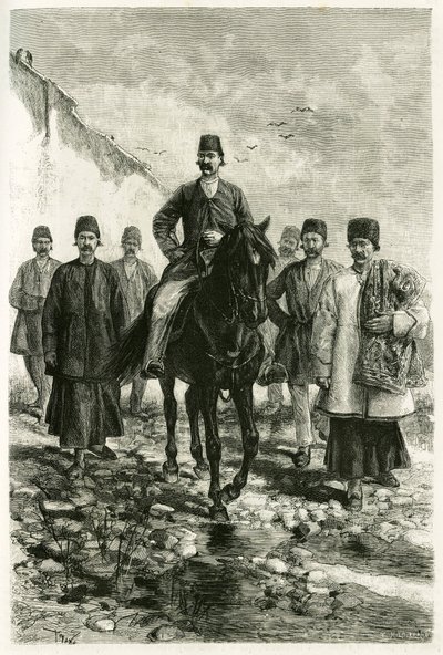 कचन (या काशान, तेहरान प्रांत, वर्तमान ईरान में) के गवर्नर एक काले घोड़े की सवारी करते हैं और उनका सूट पैदल है। 1881-1882 में जेन डाइलाफॉय (नी मा) द्वारा "" फारस, चालडी और सुसियान" कहानी को चित्रित करने के लिए एक तस्वीर से टोफनी द्वारा उत्कीर द्वारा ओसवाल्डो टोफानी