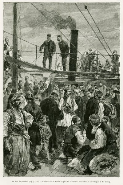 जहाज का डेक। 1882 में वॉयज एन थेसली की कहानी को चित्रित करने के लिए टोफनी द्वारा उत्कीर्ण, पॉल मोंको द्वारा, ले टूर डु मोंडे 1887 में, एडौर्ड चार्टन (1807-1890), हैचेट, पेरिस द्वारा निर्देशित। द्वारा ओसवाल्डो टोफानी