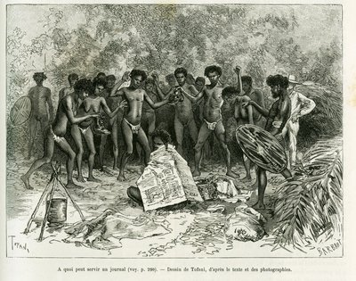 समाचार पत्र का उपयोग किस लिए किया जा सकता है? Tofani द्वारा उत्कीर्णन, कहानी Chez les cannibales, Voyage dans le Nord-est de l'Australia को चित्रित करने के लिए द्वारा ओसवाल्डो टोफानी