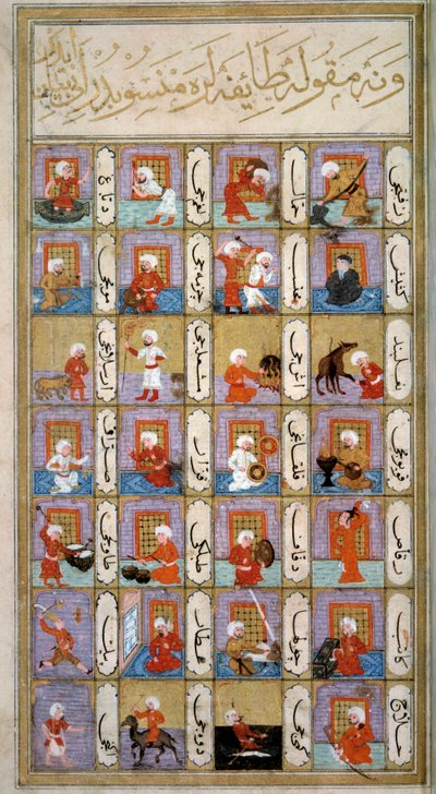 ज्योतिष: ग्रहों के अनुसार मनुष्य की विभिन्न गतिविधियों का प्रतिनिधित्व: संगीतकार, बढ़ई, बुनकर, ऊंट बनाने वाला, नकल करने वाला, चित्रकार, दर्जी। मोहम्मद इब्न द्वारा तुर्क पांडुलिपि 242 "" मताली 'अल-साडेट"" (खुशी की पुस्तक) से लघुचित्र द्वारा ओटोमन स्कूल