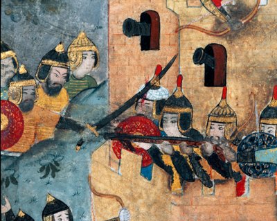 मुराद III (1546-1595) (बाएं) की तुर्क सेना और एक मजबूत विस्तार टैटार के रक्षकों के बीच युद्ध का दृश्य। कोडेक्स मिनिएचर आर-1296। १६वीं सदी के टोपकापी सराय संग्रहालय पुस्तकालय इस्तांबुल द्वारा ओटोमन स्कूल