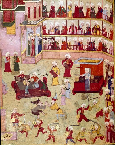 तुर्क सुल्तान मुराद द्वितीय (मुरात) (1404-1451) के बेटे के खतना के अवसर पर आयोजित उत्सव, बाजीगर, कलाबाज और सुनार 16 वीं शताब्दी के इस्तांबुल के लघुचित्र, टोपकापी सराय संग्रहालय पुस्तकालय के नमूने पेश करने आए थे। द्वारा ओटोमन स्कूल