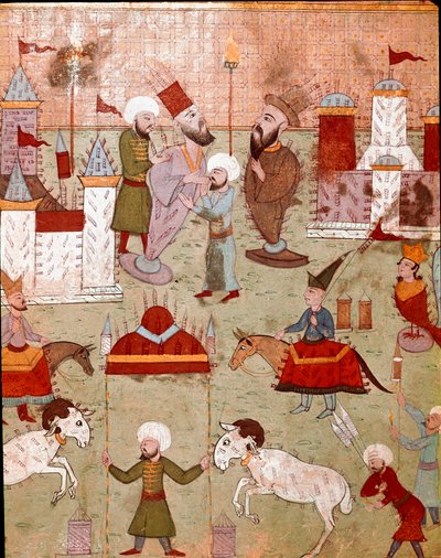 ओटोमन सुल्तान मुराद द्वितीय (मूरत) (1404-1451) के बेटे के खतना के अवसर पर आयोजित उत्सव, आतिशबाजी की तैयारी 16 वीं शताब्दी के इस्तांबुल के लघु, टोपकापी सराय संग्रहालय पुस्तकालय द्वारा ओटोमन स्कूल