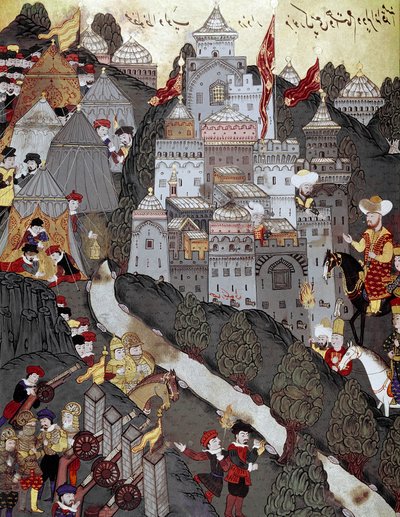 तुर्क साम्राज्य: 25/09/1396 को इसी नाम की लड़ाई के बाद सुल्तान बायज़िद I (बजाज़ेट) (1402 के आसपास 1360) निकोपोलिस शहर में विजयी होकर लौटा। 16वीं सदी का लघुचित्र। इस्तांबुल, टोपकापी सराय संग्रहालय पुस्तकालय द्वारा ओटोमन स्कूल