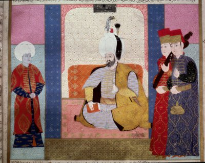 तुर्क साम्राज्य: "" सुल्तान मुराद III (1546-1595) दरबारियों को घेरता है""" "जुबदत अल तवारीख" से लघु" (सुश्री 1973, फोल। 59 बी) सैय्यद लोकमान आशुरी द्वारा 1583 इस्तांबुल, तुर्की-इस्लामी कला संग्रहालय द्वारा ओटोमन स्कूल