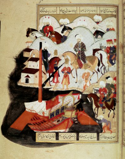 तुर्क साम्राज्य: "" सुल्तान मुराद III (1574-1595) कॉन्स्टेंटिनोपल के बंदरगाह का दौरा"" पांडुलिपि लघु एमएस। FY 1404 "" सेहिंसाहनाम"" (या शाहिनशाह-नामे या शाहिनशाह-नामे, शाहिनशाह नामा, शाहिनशाह नाम) "" राजाओं द्वारा ओटोमन स्कूल