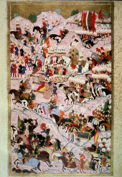तुर्क साम्राज्य: "" सुल्तान सोलिमन (सुलेमान) मैंने कहा कि 29/08/1526 को हंगरी के साम्राज्य की सेना के खिलाफ मोहाक की लड़ाई में शानदार, राजा लुई द्वितीय की कमान """ लोकमैन द्वारा "हुनरनाम" से लघु, खंड 1 (एच 1523, एफ.256बी) द्वारा ओटोमन स्कूल