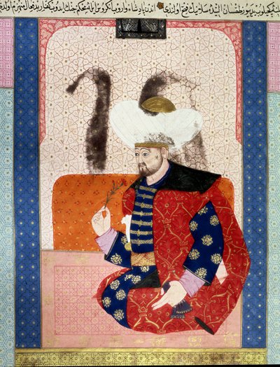 तुर्क साम्राज्य: बायज़िद I (बजाज़ेट I) (लगभग 1354-1403) का चित्र जिसे यिल्दिरिम (लाइटनिंग) के रूप में जाना जाता है"" पांडुलिपि से लघु (सुश्री 1973, फोलियो 62 ए) "" जुबदत-अल-तवारीख "(जुबदत अल-तवारीख) ) (कहानियों की क्रीम) इतिहासकार  द्वारा ओटोमन स्कूल