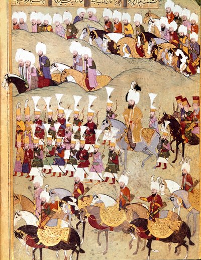 तुर्क साम्राज्य: "" ओटोमन सुल्तान मुराद II (मूरत) (1404-1451) और फारस के आक्रमण के दौरान उनकी सेना का प्रतिनिधित्व""" पांडुलिपि लघु एमएस। वित्तीय वर्ष 1404 "" सेहिंसाहनाम"" (या शाहिनशाह-नामे या शाहिनशाह-नामे, शा द्वारा ओटोमन स्कूल