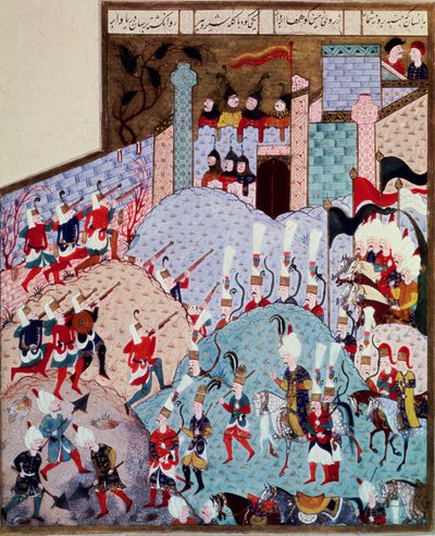 तुर्क साम्राज्य: सुल्तान सुलेमान (सुलेमान) का प्रतिनिधित्व मैंने कहा कि शानदार (1520-1566) और उसकी सेना एक गढ़वाले शहर पर हमला कर रही है'। अरिफ़ी द्वारा 'सुलेमाननाम' से लिया गया लघुचित्र (ms. H.1517, fol. 143a) 1558. टोपकापी सराय इस्तांबुल द्वारा ओटोमन स्कूल
