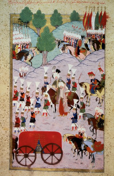 तुर्क साम्राज्य: सुल्तान सुलेमान (सुलेमान) का प्रतिनिधित्व मैंने कहा शानदार (1520-1566) और उसकी सेना। लोकमैन द्वारा "हुनरनाम" से लघु, वॉल्यूम। १ (एच १५२३, एफ.७) १५८४ टोपकापी सराय संग्रहालय पुस्तकालय इस्तांबुल द्वारा ओटोमन स्कूल