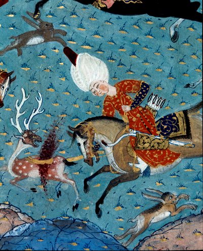 सुल्तान मुराद द्वितीय (मूरत) के दरबारियों का प्रतिनिधित्व (1404-1451) हिरण और खरगोश के शिकार का विवरण। 17वीं सदी का लघुचित्र। इस्तांबुल, टोपकापी सराय संग्रहालय पुस्तकालय द्वारा ओटोमन स्कूल