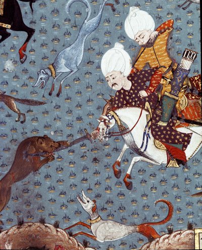 फॉन डिटेल का शिकार करने वाले सुल्तान मुराद II (मूरत) (1404-1451) के दरबारियों का प्रतिनिधित्व। 17वीं सदी का लघुचित्र। इस्तांबुल, टोपकापी सराय संग्रहालय पुस्तकालय द्वारा ओटोमन स्कूल