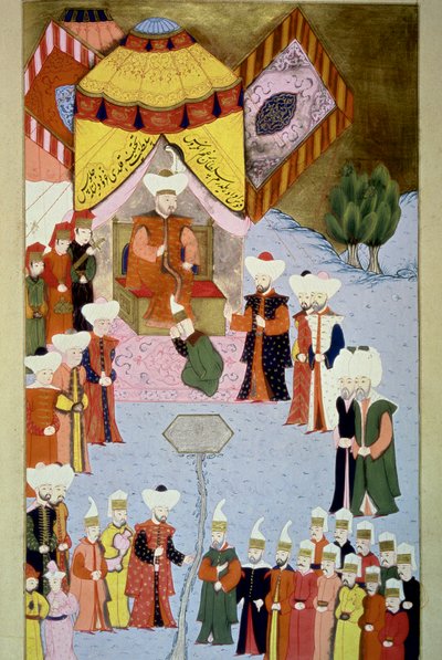 सुल्तान बायज़िद (या बजाजेट) I (1360-सीए। 1402) में लोकमैन के "हुनरनाम", वॉल्यूम से उनका लघु न्यायालय है। 1 (एच 1523, एफ.7) 1584 टोपकापी सराय संग्रहालय पुस्तकालय इस्तांबुल द्वारा ओटोमन स्कूल