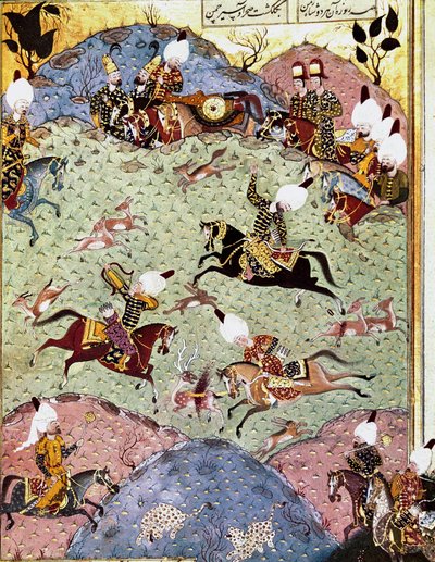 तुर्क सम्राट सोलीमन (सुलेमान) मैं शानदार (1494-1566) अरिफी (एमएस एच.1517) 1558 द्वारा 'सुलेमाननाम' से लघु शिकार शिकार। टोपकापी सराय इस्तांबुल द्वारा ओटोमन स्कूल