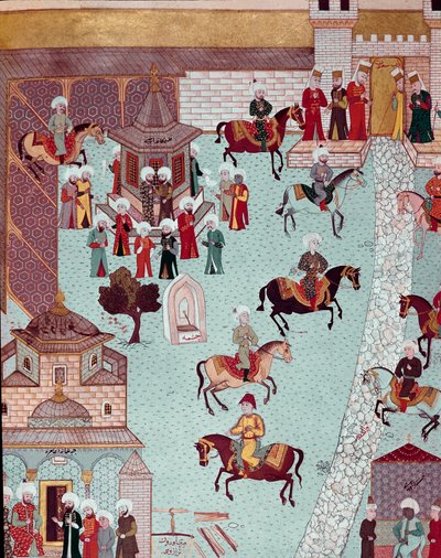 17वीं सदी के कॉन्स्टेंटिनोपल मिनिएचर में सेंट आइरीन (सेंट आइरीन), सेरेल के गेट और सुल्तानों के महल के चर्च का दृश्य। टोपकापी सराय इस्तांबुल द्वारा ओटोमन स्कूल