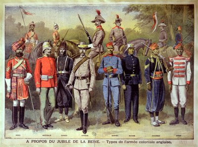 18 जून 1883 को महारानी विक्टोरिया की जयंती के उपलक्ष्य में अपनी-अपनी वर्दी में अंग्रेजी औपनिवेशिक सेनाएँ, &39;ले पेटिट जर्नल&39;, 1899 से चित्रण द्वारा PHGV मिशेल