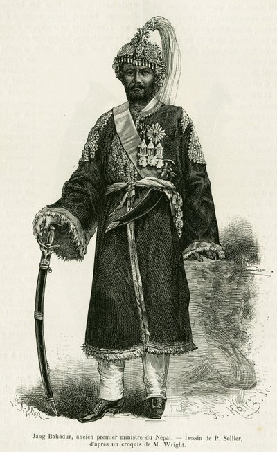 जंग बहादुर (1816-1877), नेपाल के प्रधान मंत्री। एडौर्ड चार्टन (1807-1890), हैचेट, पेरिस द्वारा निर्देशित ले टूर डू मोंडे 1886 में डॉ. गुस्ताव ले बॉन (1841-1931) द्वारा कहानी वॉयेज औ नेपाल की कहानी को चित्रित करने के लिए पी. सेलियर द्वारा उत्कीर्णन। द्वारा पी। (बाद में) सैनिक