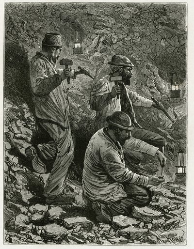 नस में कोयला निकालते खनिक। केमिली लेमोनियर (1844-1913) बेल्जियम के लेखक द्वारा "" बेल्जियम "" कहानी को चित्रित करने के लिए फेरात द्वारा उत्कीर्णन। ले टूर डू मोंडे में प्रकाशित, नोव्यू जर्नल डेस वॉयेज, दूसरा सेमेस्टर 1884, एडौर्ड चार्टन  द्वारा पी। फरात
