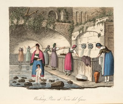 टोर्रे डेल ग्रीको में वाशिंग प्लेस, इतालवी दृश्यों से, इटली के विभिन्न राज्यों के शिष्टाचार, सीमा शुल्क और मनोरंजन का प्रतिनिधित्व करता है, पब। १८०६ (हाथ के रंग का उत्कीर्णन) द्वारा पी। वैन (के बाद) लेबरबेगी