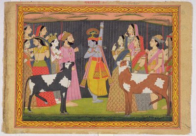 Krishna lifting Mount Govardhana, from the Bhagavata purana, Kulu, Himachal Pradesh, 1749 द्वारा पहाड़ी स्कूल