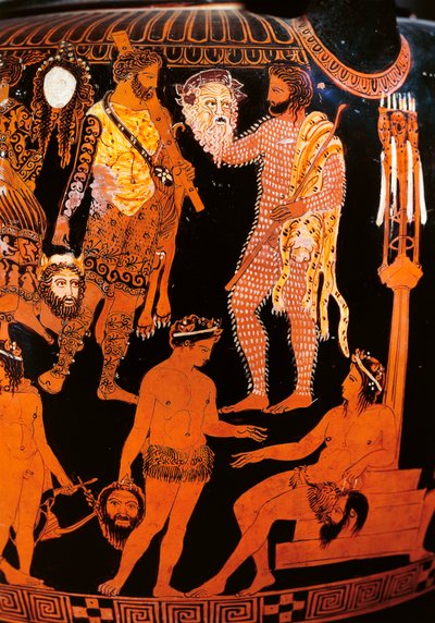 रुवो, c.410 ईसा पूर्व (सिरेमिक) से एक अभिनेता के साथ रेड-फिगर वॉल्यूट क्रेटर, जो अपना मुखौटा पकड़े हुए है द्वारा चित्रकार सर्वनाम