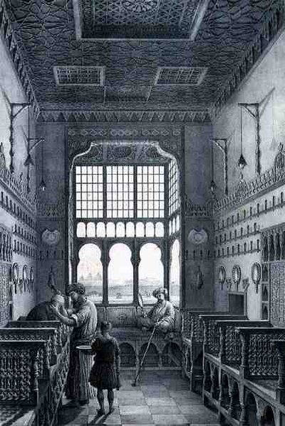 लेट्रोन, पेरिस (उत्कीर्णन) द्वारा प्रकाशित एमिल एडमंड ओलिवियर (1800-64) द्वारा उकेरी गई 'वॉयेज पिटोरेस्क' से, क्वांटारेट एल गेडीदेह के पास फ्रेंच क्वार्टर में एक बार्बर की दुकान के अंदर देखें (उत्कीर्णन) द्वारा पास्कल जेवियर (बाद में) कोस्टे