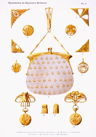 हेनरी लॉरेन्स, पेरिस, c.1900 (टिंटेड क्रोमोलिथो) द्वारा प्रकाशित &39;डॉक्यूमेंट्स डे बिजरेटी एट ओर्फेवी मॉडर्न्स&39; से आभूषण डिजाइन, प्लेट 11 द्वारा पॉल फोलेट