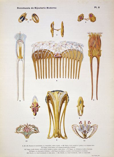 हेनरी लॉरेन्स, पेरिस, c.1900 (टिंटेड क्रोमोलिथो) द्वारा प्रकाशित &39;डॉक्यूमेंट्स डे बिजरेटी एट ऑर्फेवी मॉडर्न्स&39; से आभूषण डिजाइन, प्लेट 8। द्वारा पॉल फोलेट