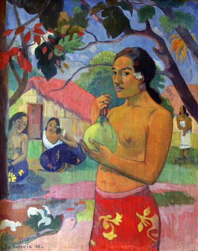 'Eu haere ia oe महिला एक फल पकड़े हुए। तुम कहाँ जा रहे हो, 1893। द्वारा पॉल गाउगिन
