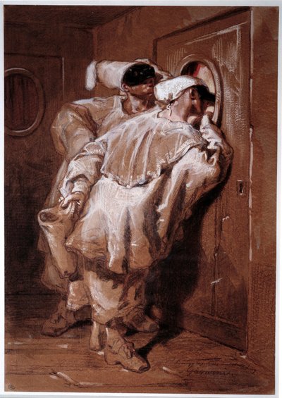 Commedia dell'arte: "" थिएटर लॉज में देख रहे दो पियरोट्स या पोलिचिनेल्स"" पॉल गवर्नी (1804-1866) द्वारा 19वीं सदी के पेरिस, म्यूसी डू लौवर द्वारा ड्राइंग द्वारा पॉल गवरानी