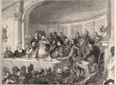 21, 22 और 23 सितंबर 1890 को पेरिस में जूल्स साइमन, एमिल केलर और मोनसेग्नूर लैविगेरी की उपस्थिति में जियोग्राफी सोसाइटी में एंटी-स्लेवरी कांग्रेस का आयोजन किया गया। 1890 के "द इलस्ट्रस वर्ल्ड" में पॉल मेरवार्ट के चित्र के बाद उत्कीर्णन। द्वारा पॉल मेरवार्ट