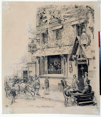 कैबरे डू चैट नोयर के प्रवेश द्वार का दृश्य। पॉल मेरवार्ट (1855-1902) द्वारा 19वीं सदी के पेरिस, मुसी कार्नावाले द्वारा स्याही चित्र द्वारा पॉल मेरवार्ट