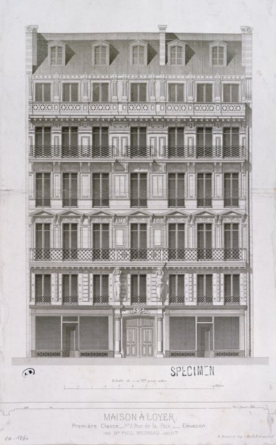 पेरिस में c.1860 rue de la Paix में हौसमैन शैली के फ्लैट्स के ब्लॉक के लिए डिज़ाइन द्वारा पॉल मेसनार्ड