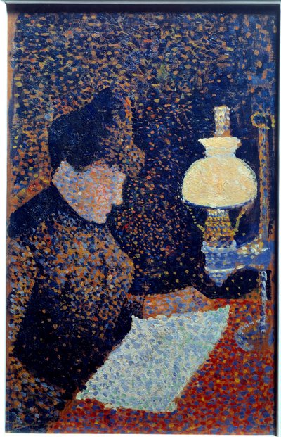 दीपक के नीचे की स्त्री। Pointillism। पॉल साइनक द्वारा पेंटिंग द्वारा पॉल साइनक