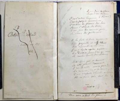 1873 में आर्थर रिंबाउड के प्रति समर्पण के साथ &39;रोमांस सेन्स पैरोल&39; के हस्तलिखित पृष्ठ द्वारा पॉल वरलाइन