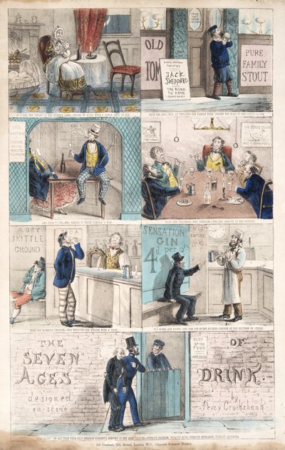पीने के सात युग, pub.c. 1872 (हाथ के रंग का उत्कीर्णन) द्वारा पर्सी क्रूशांक