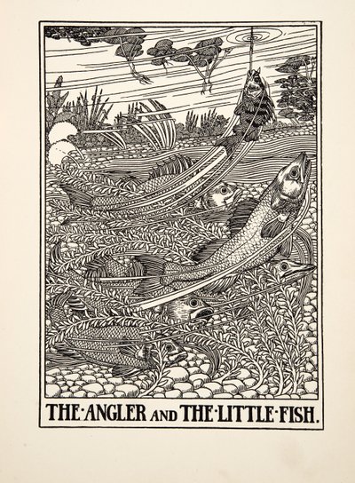 द एंगलर एंड द लिटिल फिश, ए हंड्रेड फेबल्स ऑफ ईसप से, pub.1903 (उत्कीर्णन) द्वारा पर्सी जे बिलिंग्सहर्स्ट